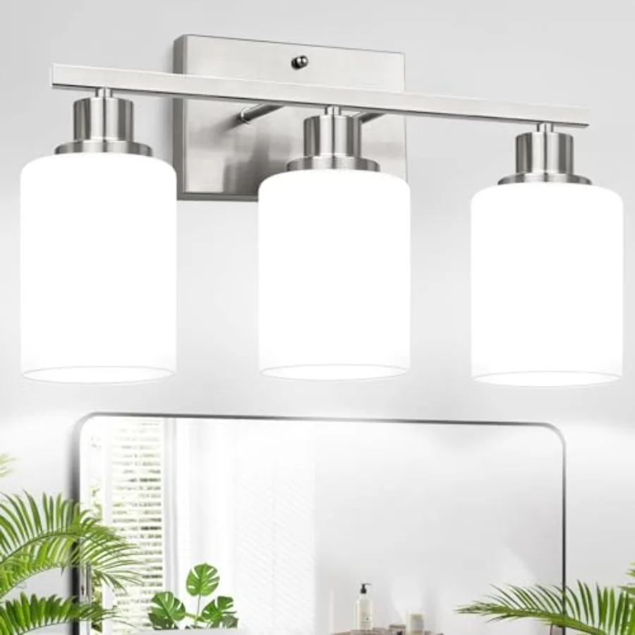 3-Light Bathroom Light Fixtures Brushed Nickel Vanity Light with Milky White Shades Bathroom Lighting Fixtures Over Mirror Mode