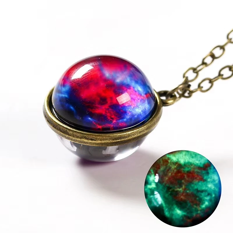 Universe Planet Earth Glass Luminous Double-Sided Retro Pendant Necklace For Women Men Galaxy Nebula Cosmic Art Picture Jewelry