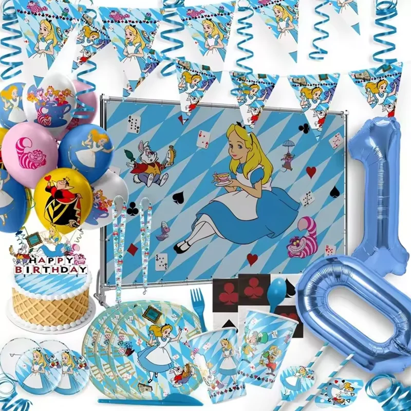 

Alice in Wonderland Party Supplies Balloons Cup Plates Napkins Tableware For Kids Baby Shower Birthday Party Decoration