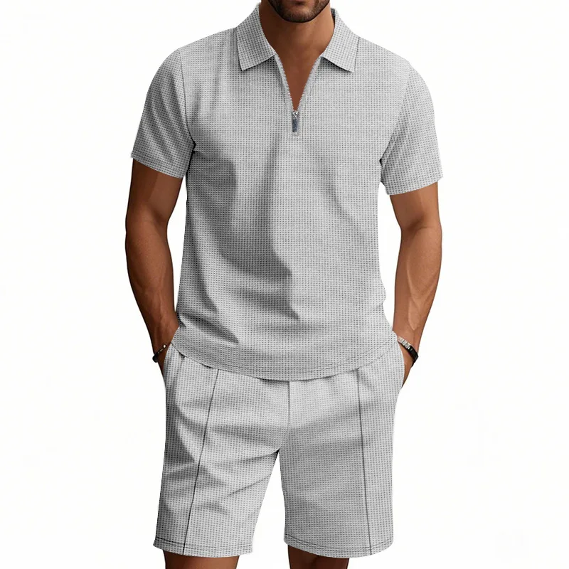 Summer Gym Fitness Sports Set Men's Waffle Pure Color Casual Short-Sleeved Shorts Set Men's Loose Breathable Jogging T-Shirt Set