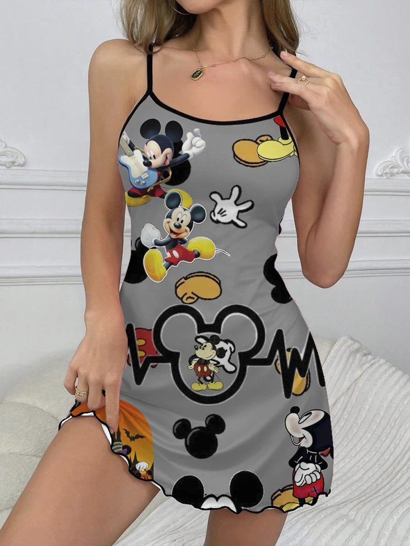 Fashion Summer Dresses 2024 Pajama Skirt Minnie Mouse Mini Dress Mickey Disney Lettuce Trim Crew Neck Women's Elegant Chic Sexy