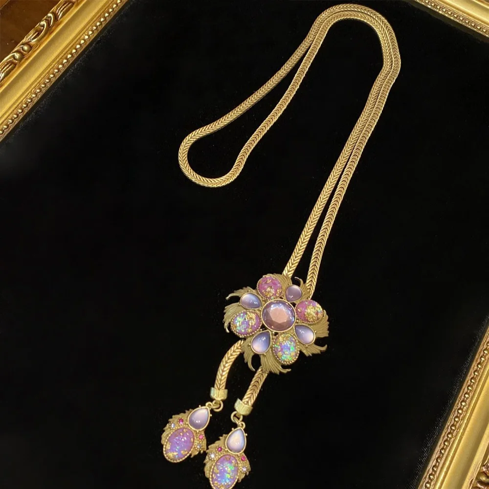 

Medium copper plated 18K vintage gold with purple Opal floral pendant fringe long necklace for women jewlry whosale