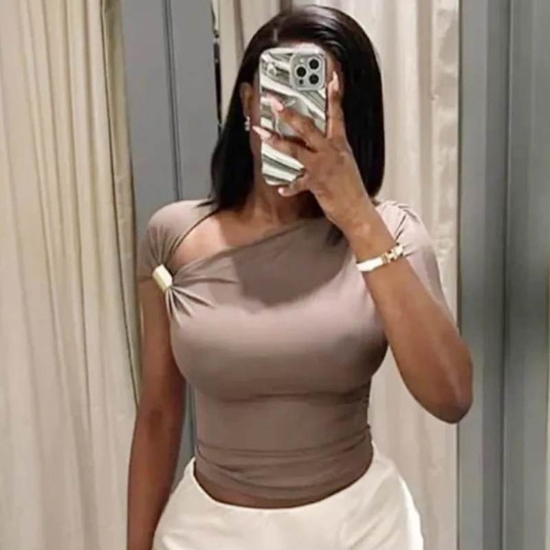 HXAO 2025 Women Asymmetrical Top Spring Summer Yellow Black Khaki Tanks & Camis Sexy Tight Y2k T-Shirt Lady Fashion Tank Top 066 image 4
