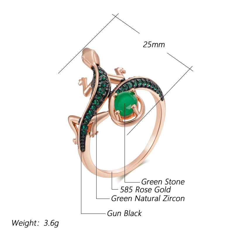 Kinel Hot Punk Green Natural Zircon Lizard Ring for Women 585 Rose Gold and Black Plating Vintage Animal Daily Fine Jewelry