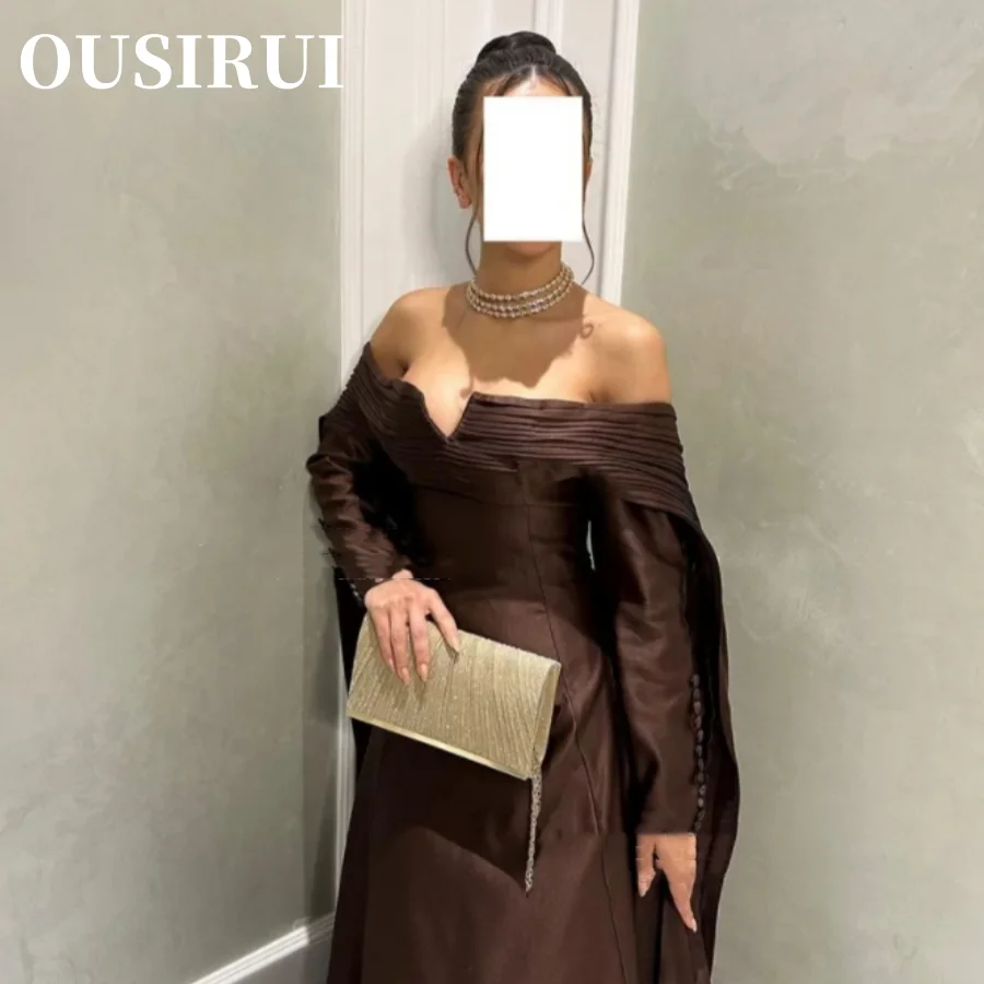 Saudi Arabric Sleeves Off The Shoulder Prom Dresses Long Sleeves Brown Elegant Evening Dresses Prom Gown Formal Party Gown