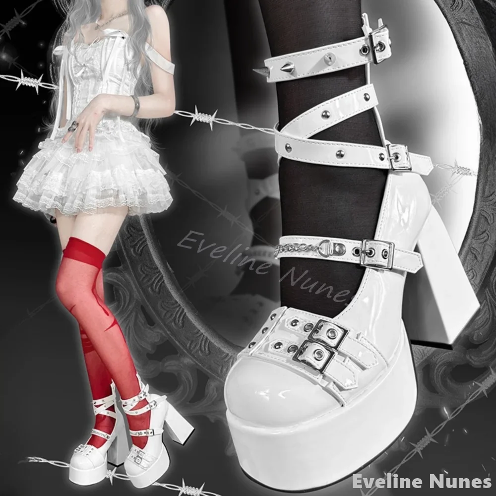 Rivet Chain Belt Buckle Lolita Pumps Women Pink Round Toe Platform Chunky Heel Punk Goth Mary Janes High Heel Cool Girls Sandals