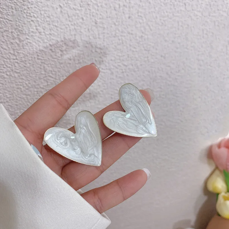 White Color Big Heart Stud Earrings for Women Girl Korean Love Drop Glaze Aesthetic Daily Life Minimalist Jewelry Piercing Ear image 6