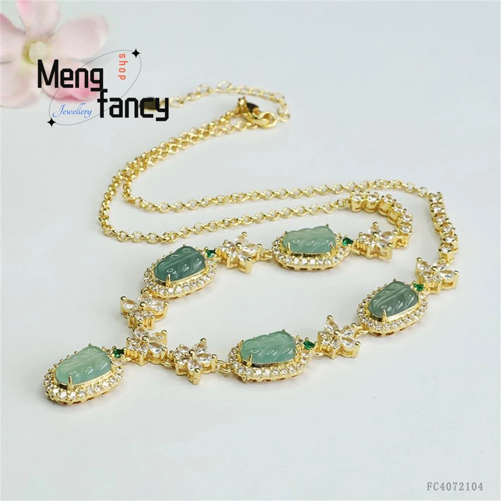 Natural A-goods Jadeite Ice Moist Leaf Necklace Blue Water Jade Set Exquisite Elegant Simple High-grade Luxury Quality Jewelry