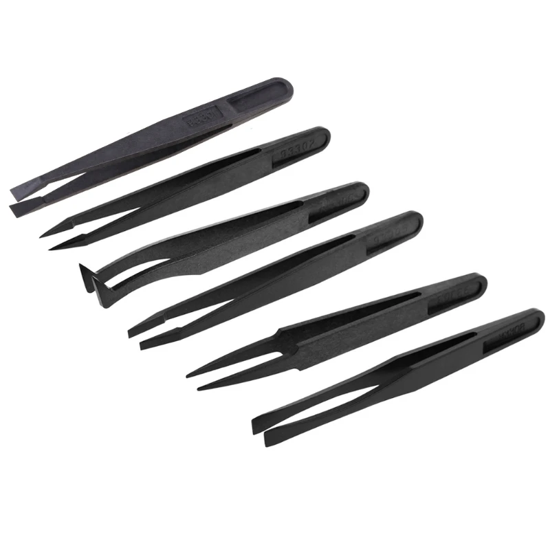 6pcs/set Anti-static Plastic Tweezers Curved Straight Forceps Repair Hand Tools Dropship