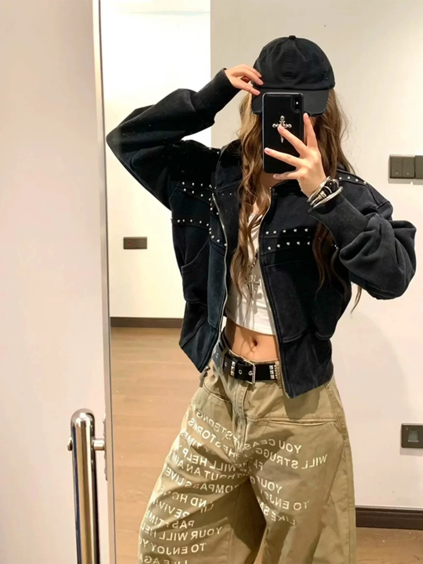 Cool Spicy Wind Rivet Hoodie Open Cardigan Women's Loose High Street American Retro Short Waist Cinched Pearl Jacket