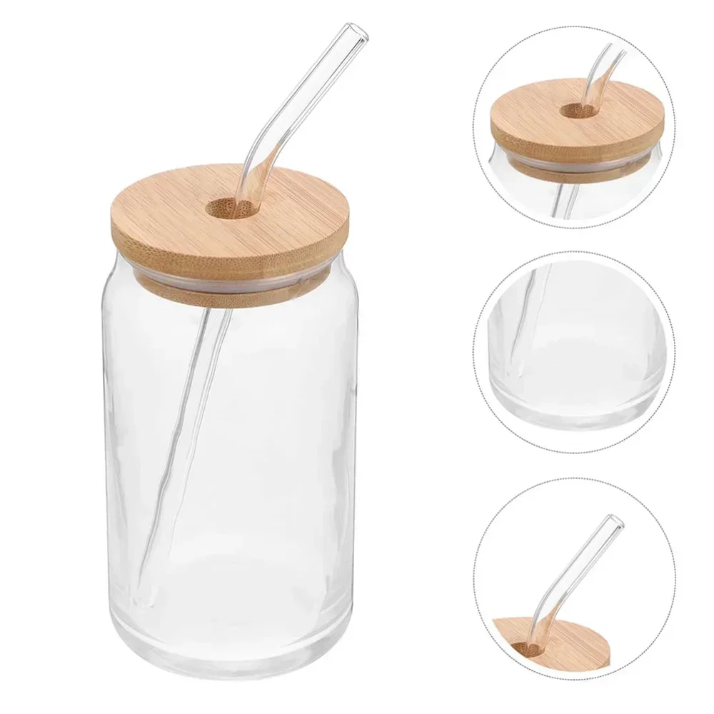 

350ml/500ml Glass Cups with Bamboo Lids Straw Mason Jars Coffee Mug Beer Can Shaped for Cocktail Whiskey Milk Juice Cola Cup