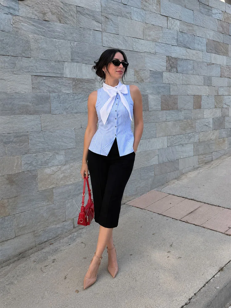 HH Women Summer Coastal Breezy Blue White Stripe Blouse Spring Contrast Bow Tie Neck Sleeveless Button Front Lightweight Top