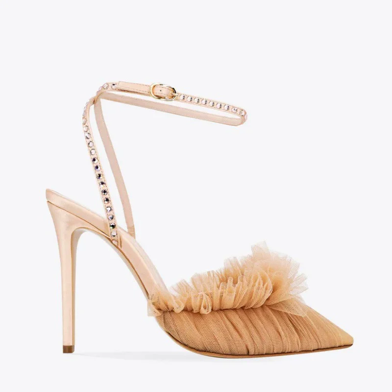 

Летние туфли на высоком каблуке с заостренным носком, сетчатые, с кружевом, стразами, босоножки для банкетов, большие размеры, индивидуальный пошив, женская обувь.