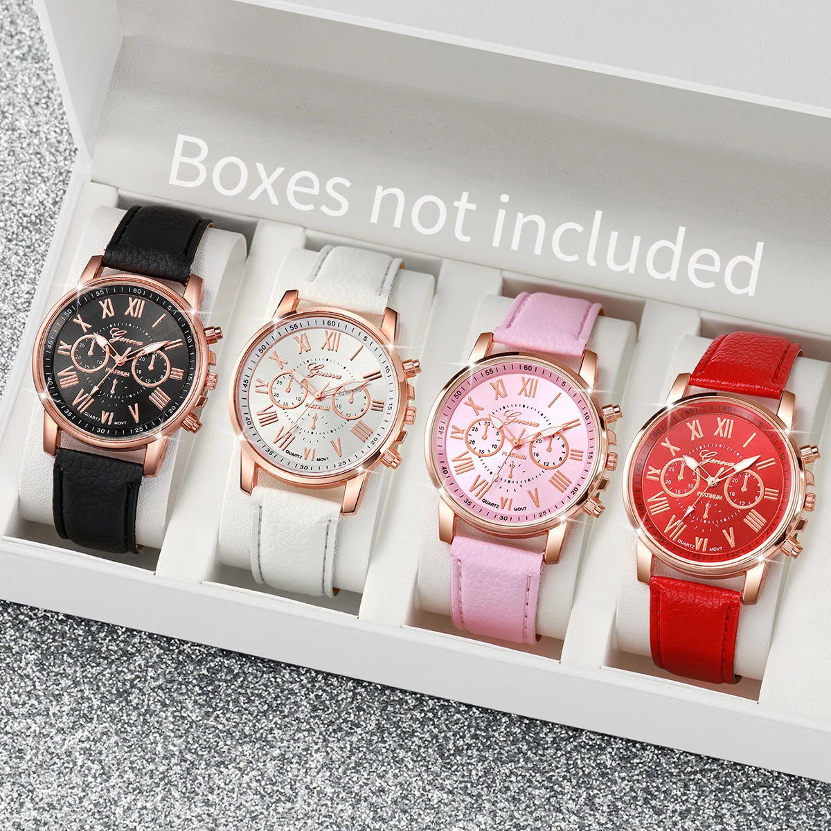 4PCs/Set Academy Style Women's Fashion Watch Leather Strap Disc Quartz Watch 4 Color Sets