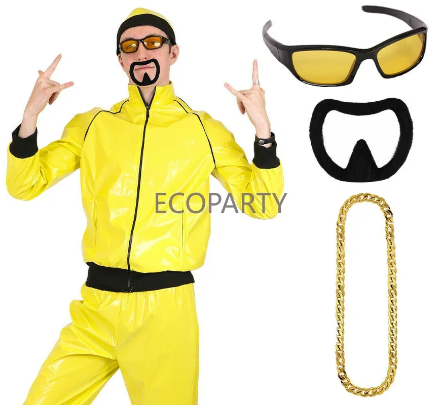 

New Men's 90s Rap Singer Costume Yellow Sportswear Black Gang Novelty Adult Fancy Dress Sunglasses Gold Chains Beard Accessories