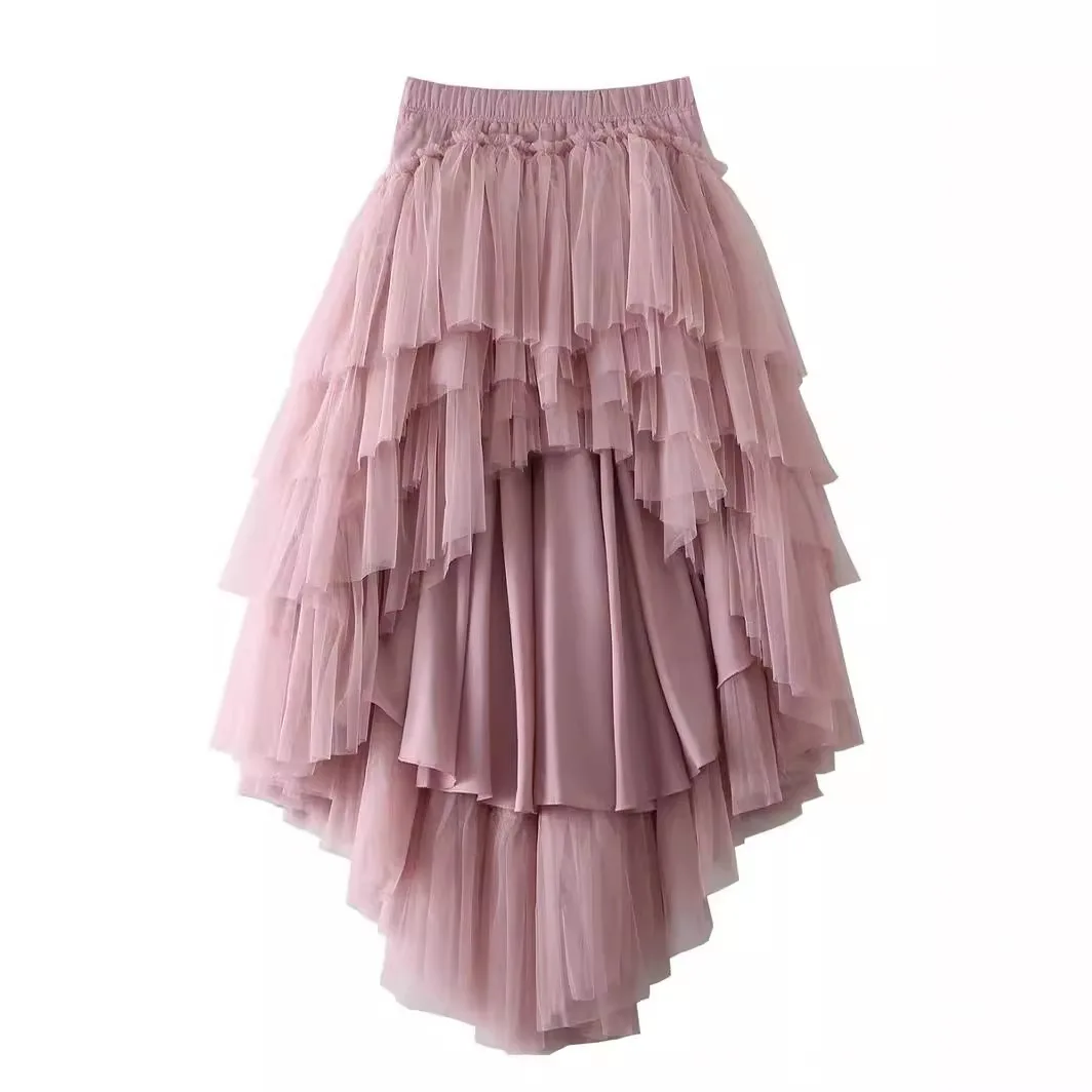 Summer Spring Women’s Multilayer Ruffles Tulle Skirt Pleated High Waist Fluffy Maxi Skirt Fairy Cake Dress Long Tutu Party Skirt