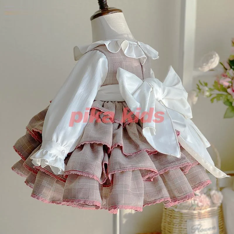 Spring New Lolita Spanish Girl Princess Dress Cotton quality Plaid Long Sleeve Dress Kids Dresses for Girls Party Birthday Dress