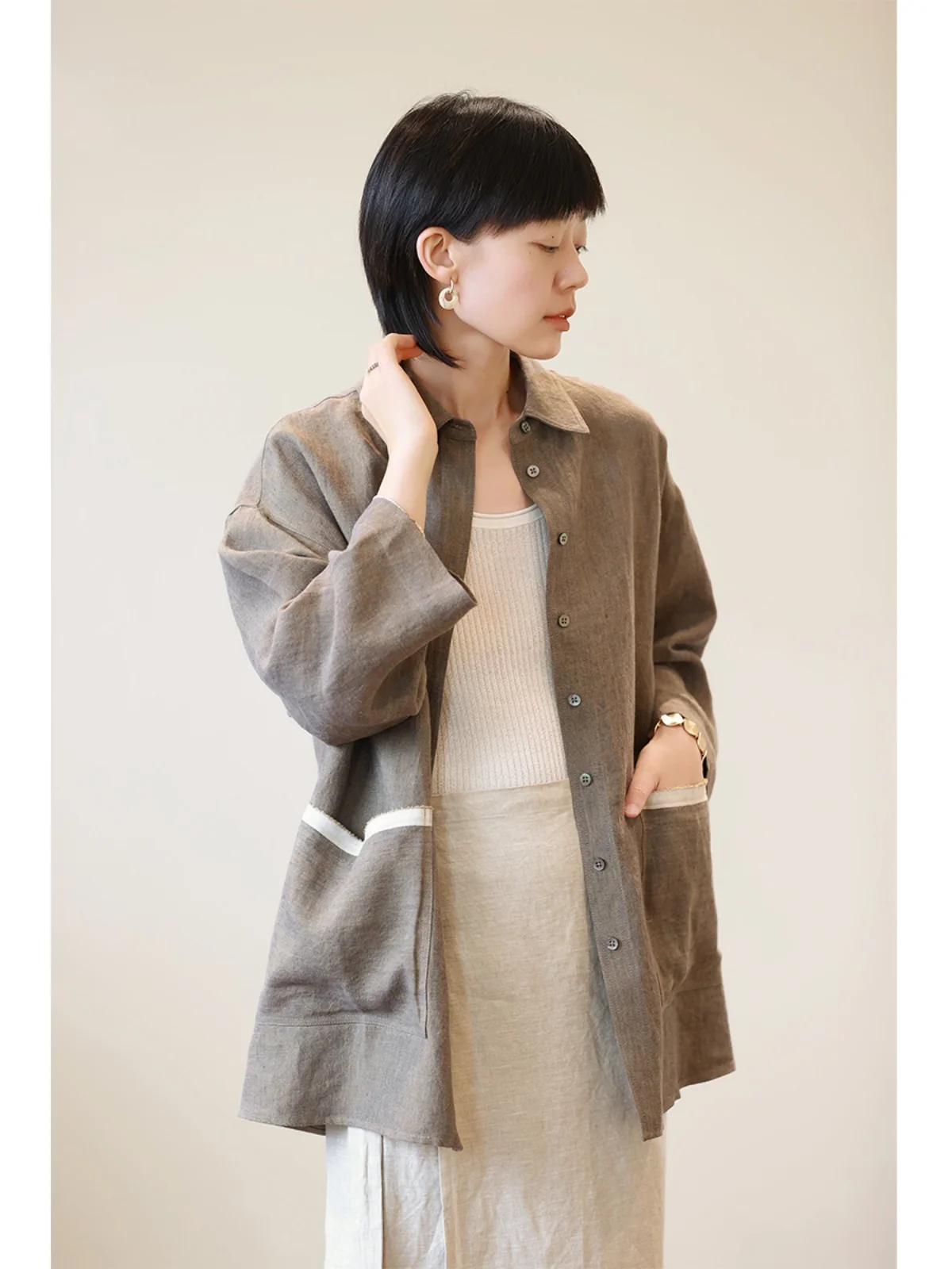 

Новая осенняя женская тонкая тканая куртка свободного кроя из льна Han Han в стиле рабочей одежды, премиум-класса, модная верхняя одежда