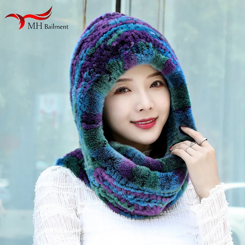 Women Real Knitted Rex Rabbit Fur Scarf Hat Winter Warm Fur Long Scarf Neck Warm Natural Fur Hat Outdoor Fluffy Earflap Caps