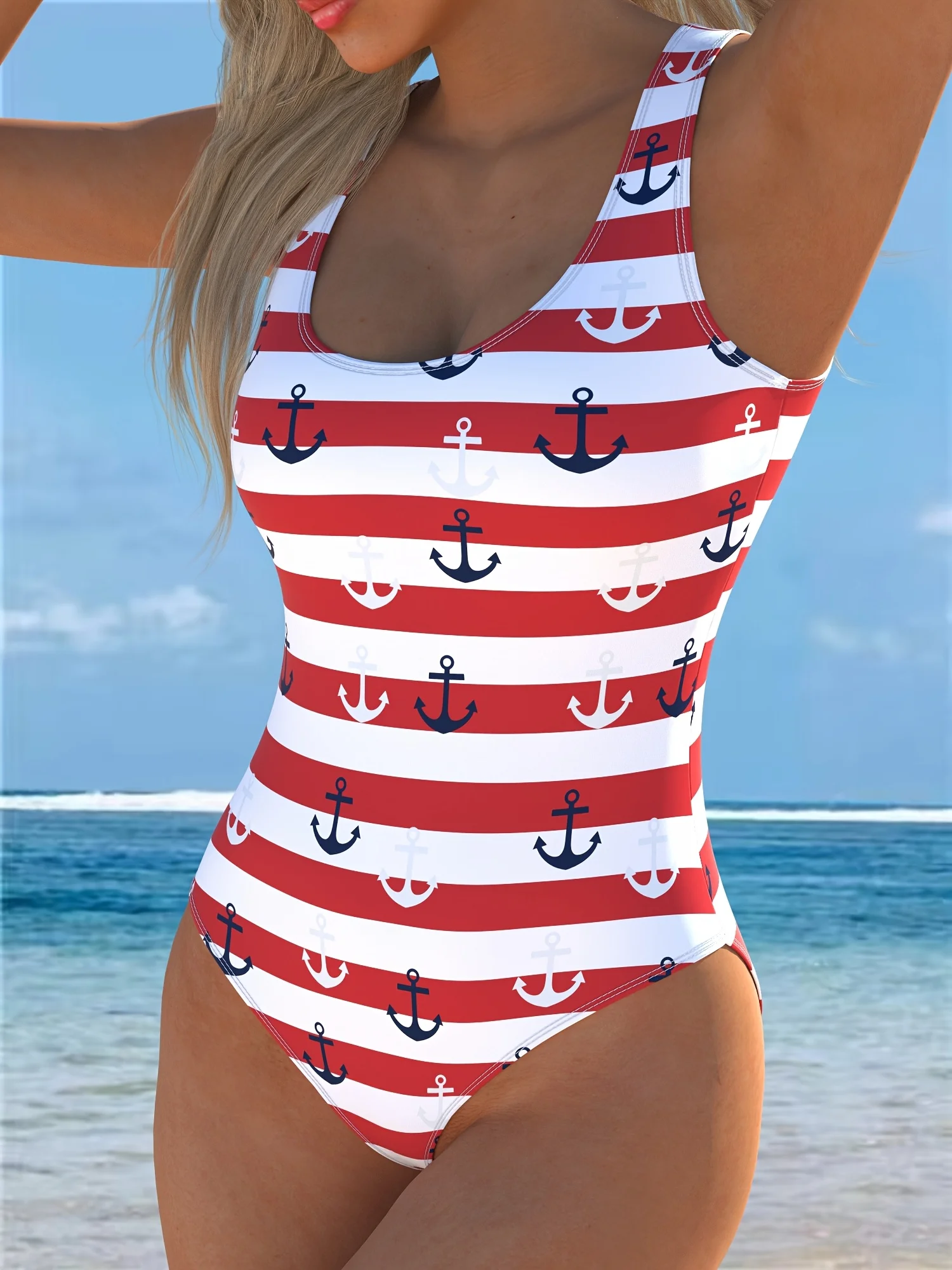 Women'S One-Piece Swimsuit with Anchor Stripe Print, Round Neck, High-Stretch Fabric, Suitable for Beach And Pool