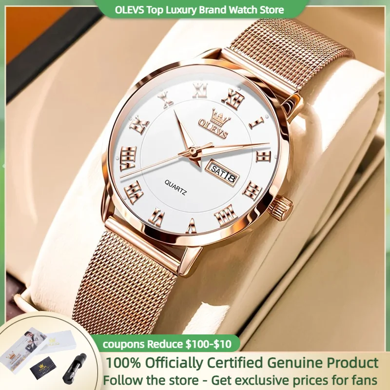 OLEVS Women\'s Watches Light Luxury Fashion Original Quartz Female Wristwatch Waterproof Stainless Steel Mesh Strap Date Week