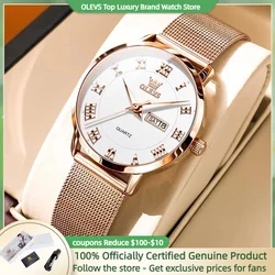 OLEVS-Montre-bracelet à quartz étanche pour femme, montres légères pour femme, bracelet en maille en acier inoxydable, date et semaine, mode de luxe, original