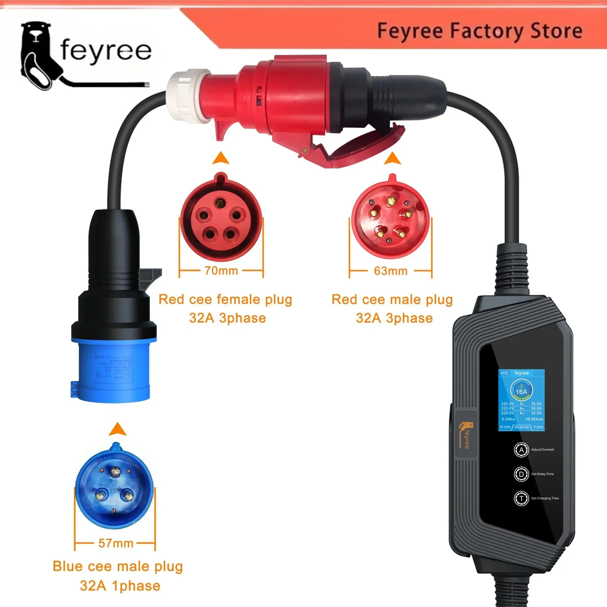 Feyree EVSE Wallbox Typ2-Kabel EV-Autoladegerät 7 kW 11 kW 22 kW Ladestation für Elektrofahrzeuge mit APP-WIFI-Steuerung IEC62196-2