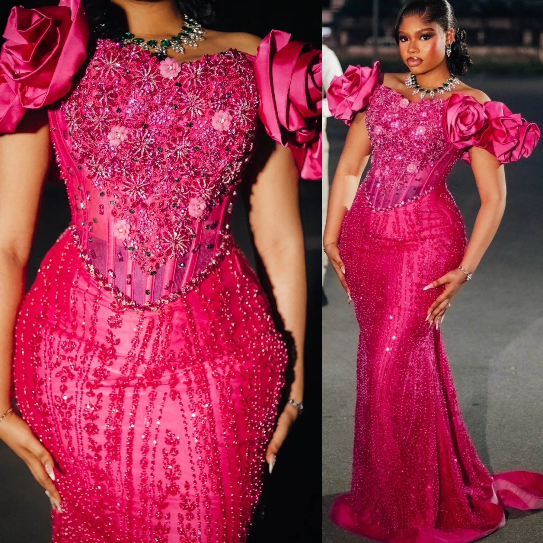 

Fuchsia Mermaid 2026 Prom Dresses Flowers Beaded Crystals Sequined Evening Formal Party Birthday Gowns Dresses ZJ2606