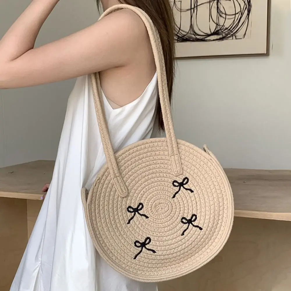 

Casual Bohemian Round Straw Bag Embroidery Hollowed Out Embroidered Bow Shoulder Bag Large Capacity Cotton Weave Beach Bag Girl