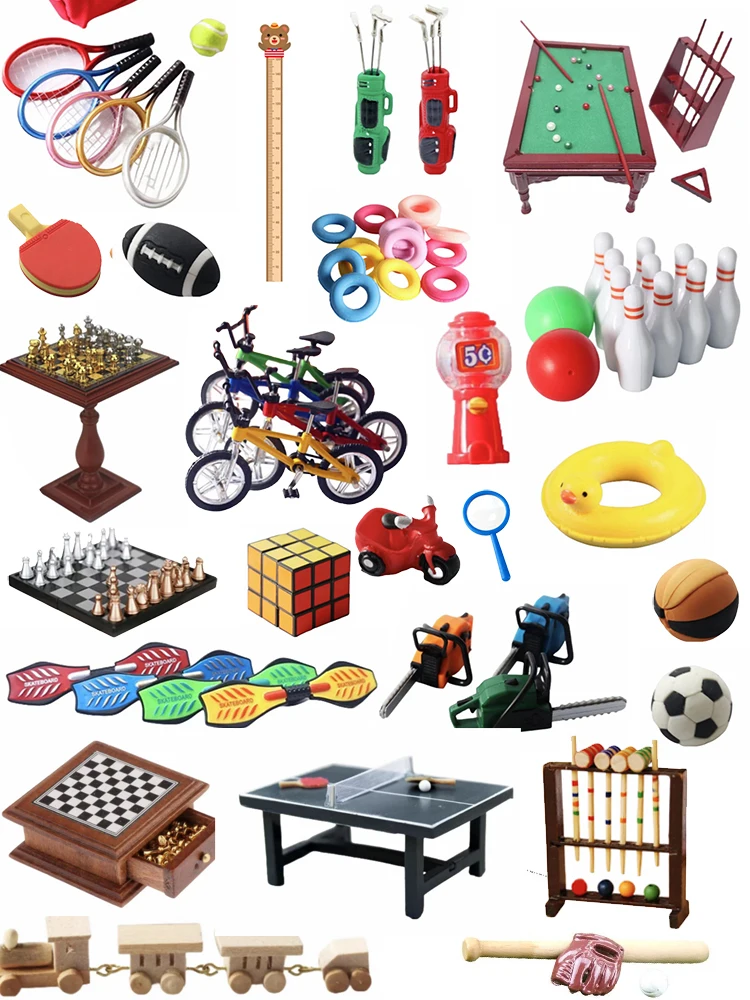 Dollhouse Mini Scene Accessories Simulation Mini Sports Goods Mountain Bike Skateboard Baseball Bowling Racket Tennis Model