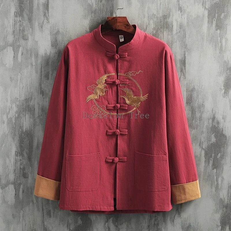 2025 vintage literature art chinese embroideried line wushu shirt long sleeved men's tang suit top elegant versatile jacket