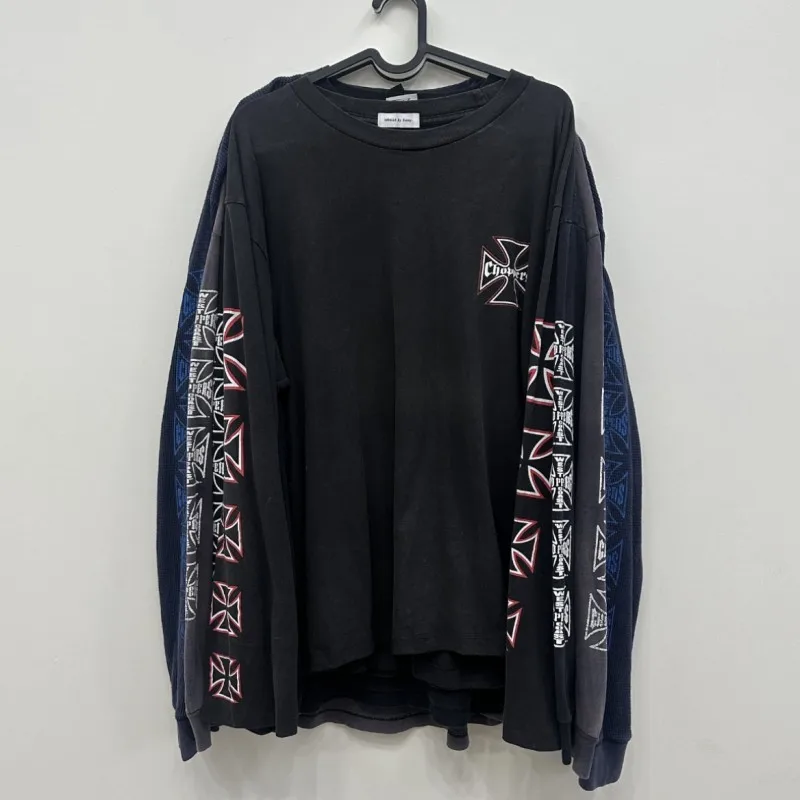Cotton Men Women Oversize West Coast Choppers Long Sleeve Tshirts Red Cross Retro Skull Print Round Neck Tops Loose Streetwear
