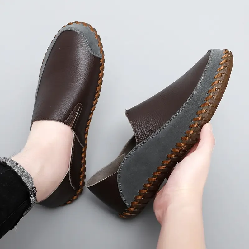 

New Hand Sewn Loafers Men's Flat Bottomed Outdoor Hiking Office Soft Soled Loafers High-quality Casual Shoes Large Size 38-47