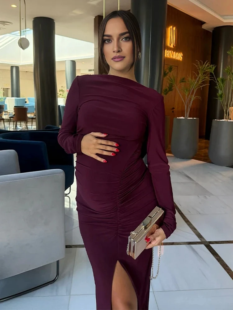 Maternity Ruched Long Sleeve Cutout Pregnancy Photo Dress Elegant Backless Slit Gown Baby Shower Maternity Photography Outfit