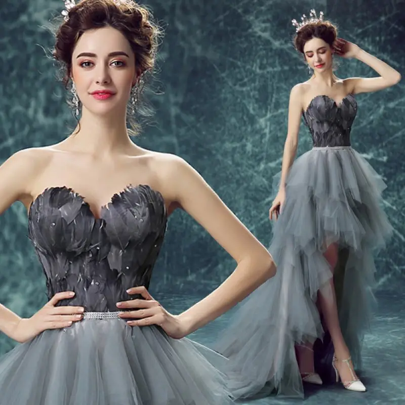 Personality Sweet Feather Beading Belt Decorated Wedding Dress/Bride Feather Wedding Gown/Gray Prom Dress 1056