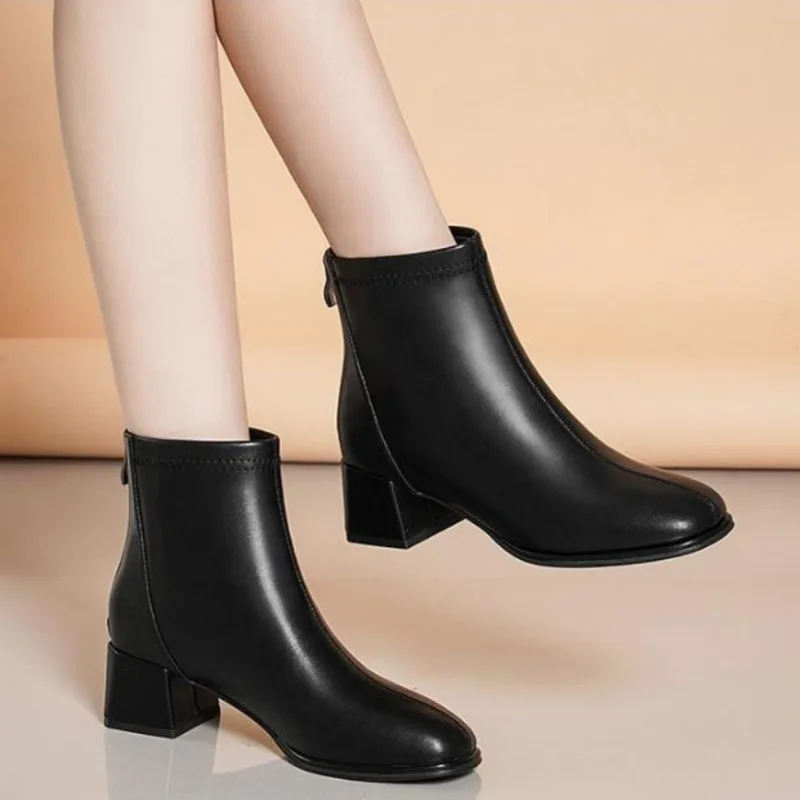 Fashion Ankle Boots for Women Back Zipper Stretch Middle Heel Large Size Short Boot Fashion Round Shoes Botas De Mujer 2024