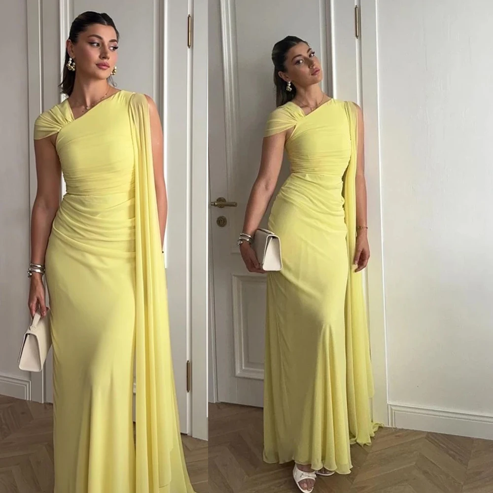 

Customized Yellow Chiffon Evening Dress Mermaid Prom Gowns Cape Sleeve Elegant Formal Party Gown Dubai Arabia vestidos de fiesta