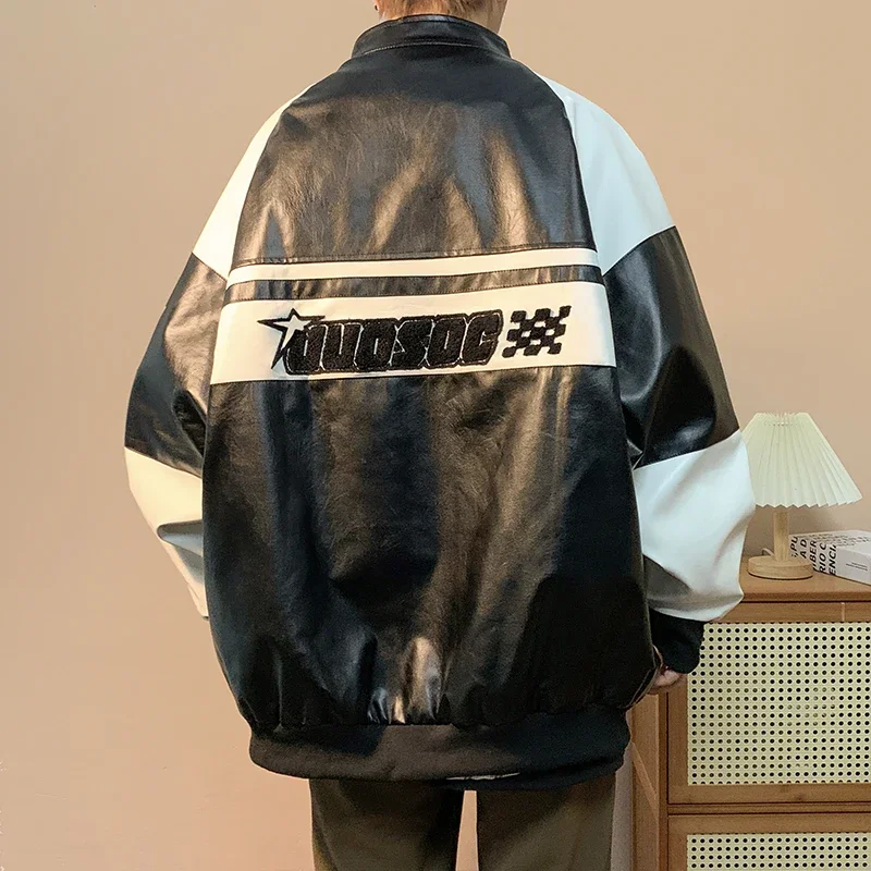 Gmiixder American Hip-hop Racing Coat Motorcycle Leather Jacket