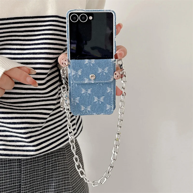 

Модная джинсовая сумка с вышивкой и бантом для карточек, чехол для телефона Samsung Galaxy Z Flip 7 6 5 Z Flip6 Flip7, чехол с цепочкой на петлях, милые чехлы