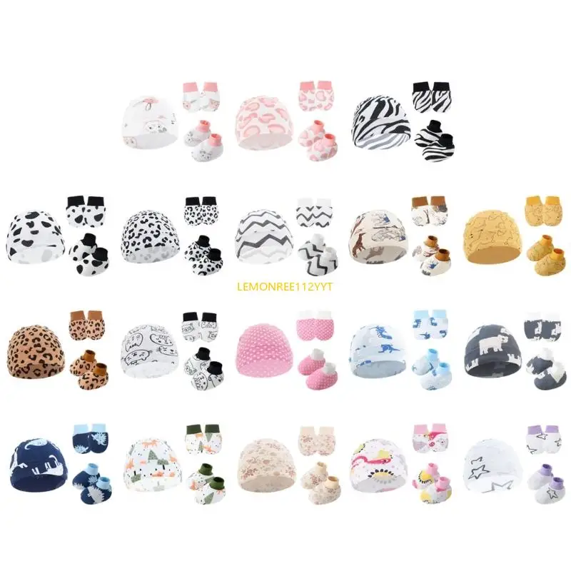 

23GD Baby Hospital Caps Mittens with Foot Cover Set Cartoon Design Newborns Essential
