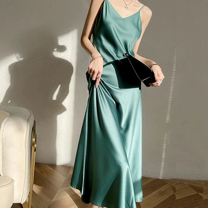 Vintage Satin Women's Dress Summer Sexy Spaghetti Strap Long Party Dresses Robe Female Clothing Sexy Simulated Silk Long Dress