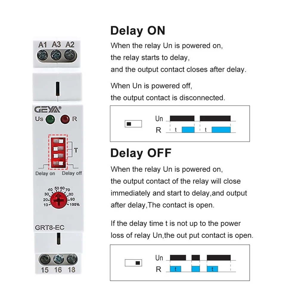GEYA 10A Dual Function Timer Relay on Delay off Delay Relay AC220V/ACDC24V-240V Time Relay for Industrial Equipment 0.1s-10day
