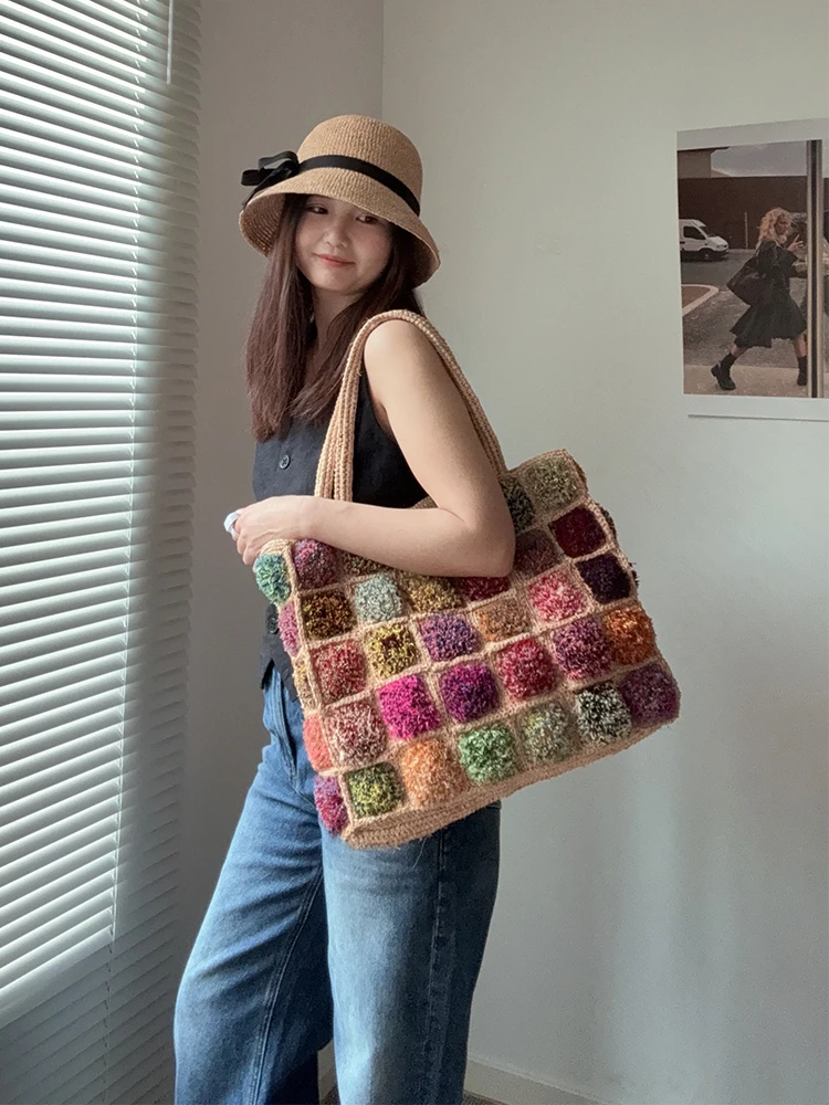 Bohemian Lafite Square Staw Handbags Casual Paper Woven Handle Women Hand Bags Handmade Summe Beach Bag Large Tote Purse