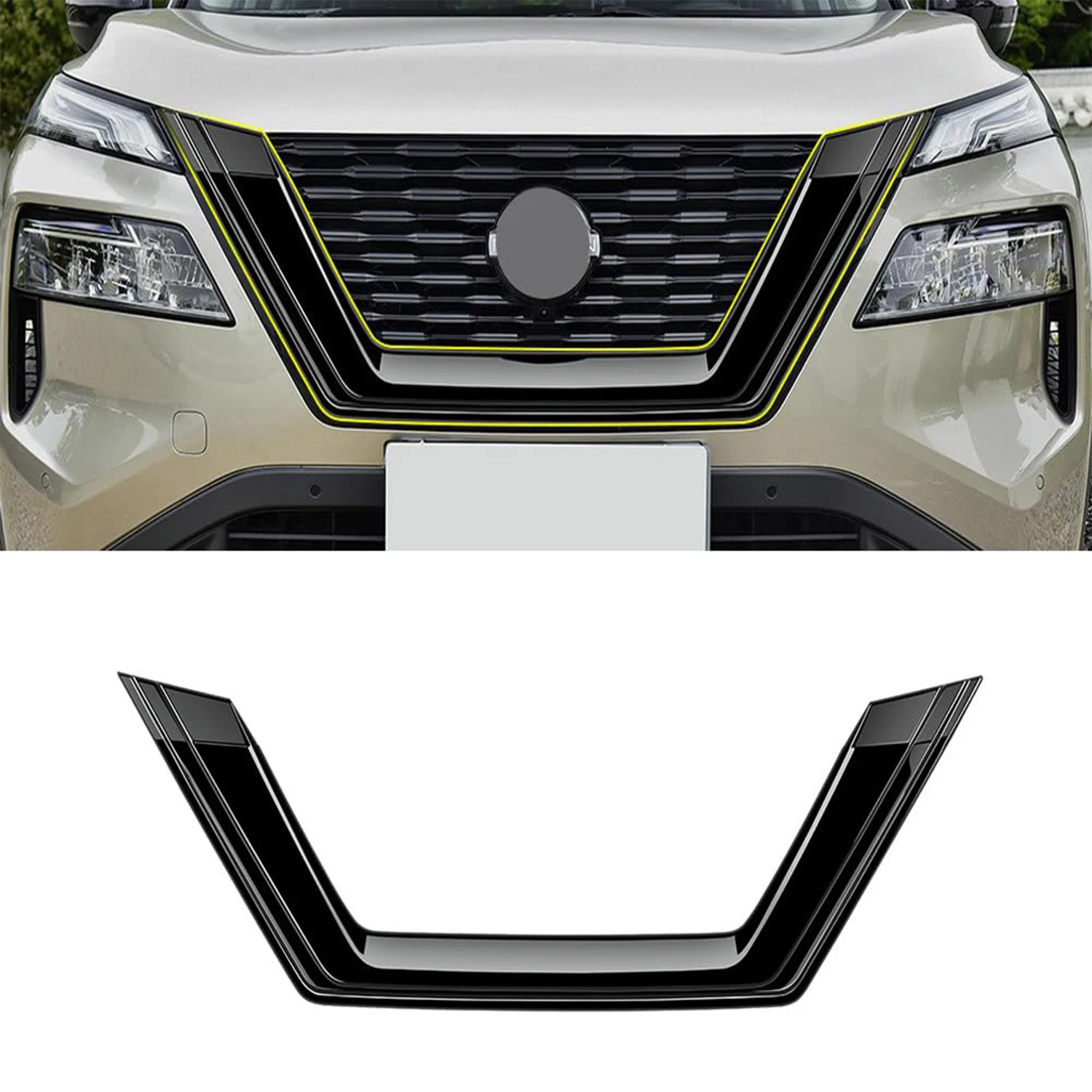 

For Nissan Rogue X-Trail T33 2021-2023 Glossy Black Front Center Grill Grille Decorative Frame Trim ABS Car Accessories 1pcs