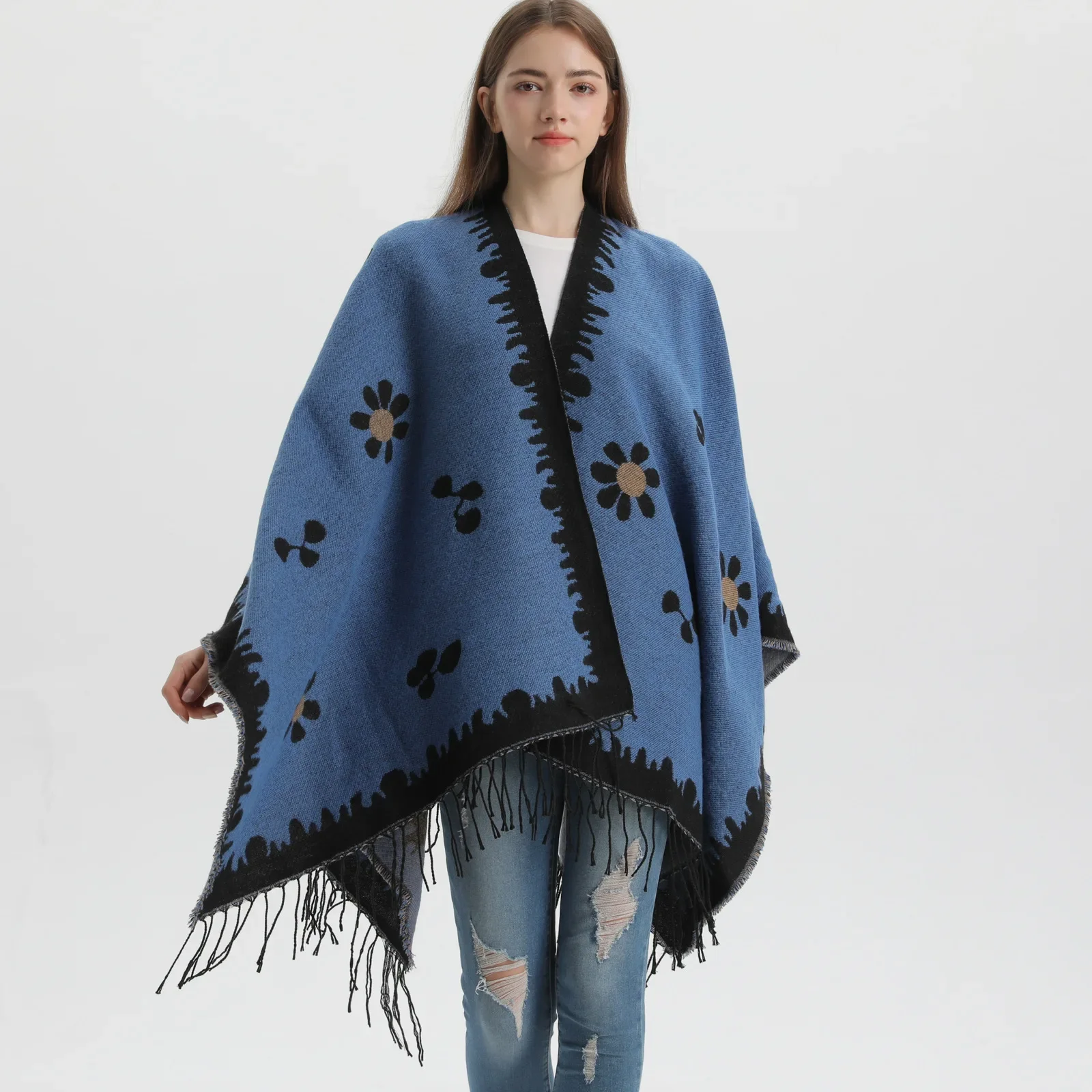 Imitation Cashmere Poncho Fashionable Autumn Winter Shawl New Small Fresh Flower Cardigan With Tassel Split Warmth Cape Cloak