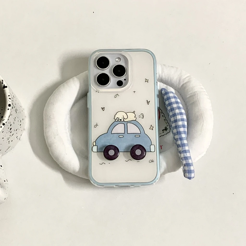

Fun Cute Love Heart Car Puppy Stereoscopic Wheel Shockproof Protective Phone Cover Case for iPhone 16 15 14 13 Pro Max