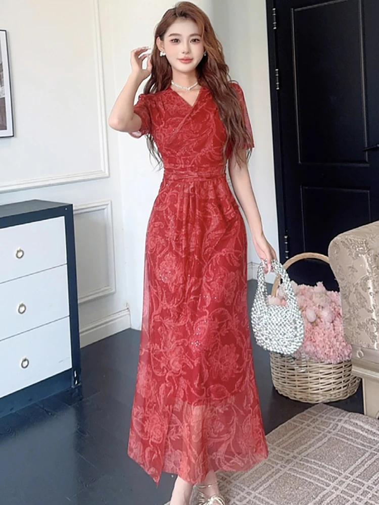 

Summer Red Mesh Print Sequins Luxury Long Dress Women Short Sleeve V-Neck Chic Ruffled Dress 2026 Korean Fashion Elegant Dresses