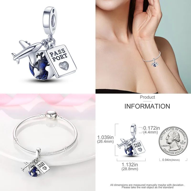 New in 925 Silver Travel Series Aircraft Luggage Passport Charm Beads Fits Original Pandora Bracelets  DIY Luxury Jewelry Gifts