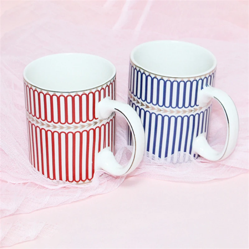 Simple And Practical Gift Ceramic Cup Couple Nordic Style Mug Blue Pink Striped Printed Home Tea Cup Holiday Gift