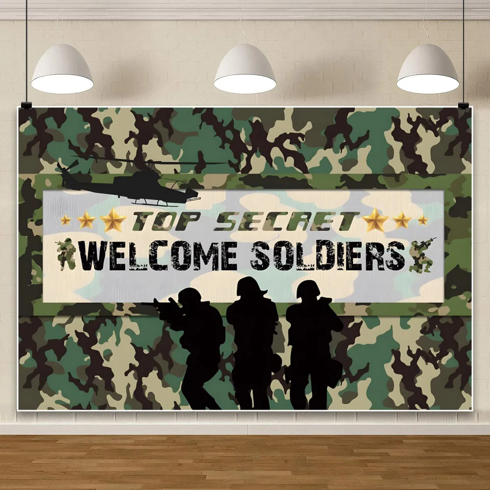 Laeacco Army Soldier Welcome Soldiers Party Backdrop Green Camouflage Gold Stars Kids Boy Portrait Custom Photography Background